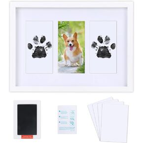 Dog Paw Print Frame Kit with Ink Pads - Pet Memorial Gifts for Cats, Animals or Baby - Modern White Wooden Photo Frame Family Keepsake, No Mess & Clean Touch Stamp Pad
