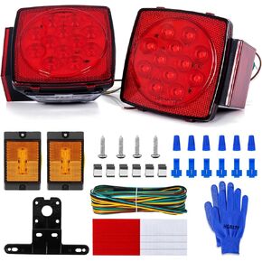 IP68 Submersible LED Trailer Light Kit Stop Turn Tail License Lights Brake Running Light Waterproof Red Square Lights for 12V Trailers, Trucks and RVs, with 25ft Wire Harness, DOT Certificated