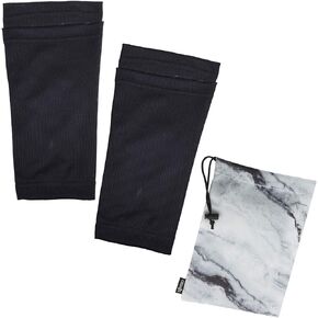 CM Youth Teenager Shin Guard Sleeves, 1 Pair, Black Color, with Marble Pattern Drawstring Pouch Bag