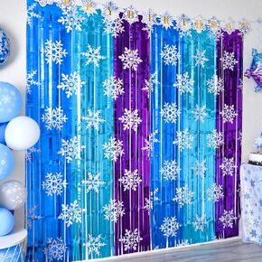 Frozen Birthday Party Supplies, 2 Pack Frozen Party Decorations 3.3x6.6ft Tinsel Foil Fringe Curtains, Winter Photo Booth Prop Backdrop Streamer, Snowflake Birthday Decor, Party Decor for Girl