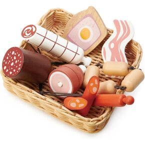 Tender Leaf Toys - Charcuterie Basket - 11 Pcs Solid Wood Cured Meats with Hand-Crafted Wicker Basket, Pretend Food Playset Supermarket Shopping Game Play Kitchen Farmer's Market Accessories - Age 3+