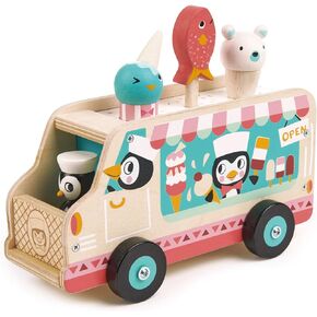 Tender Leaf Toys - Penguin’s Gelato Van - Food Truck Style Pretend Play, Ice Cream and Ice Lolly Wooden Vehicle - Encourage Role Play and Develops Social Skills for Children - Age 18m+
