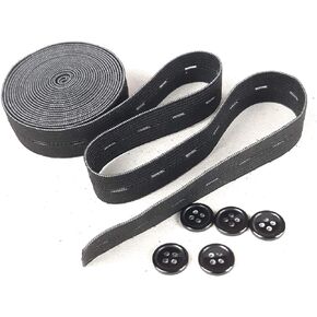 Buttonhole Elastic Band 3/4 Inch x 3 Yards (2.7 Meter) with 15 mm Resin Buttons x 5 Pcs Spool Expanded Adjustable for Clothing Jean Pant Skirts Wigs Craft Sewing Elastic Garment (Black)