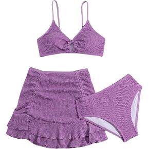 MakeMeChic Girl's 3 Piece Bikini Sets Ring Linked High Waisted Bathing Suit Swimsuit with Ruffle Cover Up Skirt