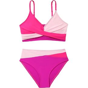 SHENHE Girl's 2 Piece Swimsuit V Neck Wrap Front Colorblock Vacation Bikini Set