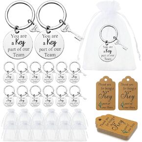 12 Sets Employee Appreciation Gifts Coworker Staff, Include 12 Pcs You Are a Key Part of Our Team Keychain and 12 Pcs White Organza Bags with 12 Pcs Thank You Tags Thank You Gifts for Women Men