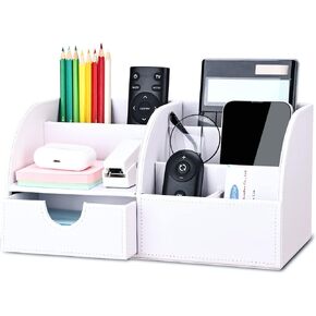 KINGFOM Pu Leather Desk Organizer Pen Pencil Holder Office Supplies Caddy Storage Box 6 Compartments with Drawer White (Full Pu Leather)