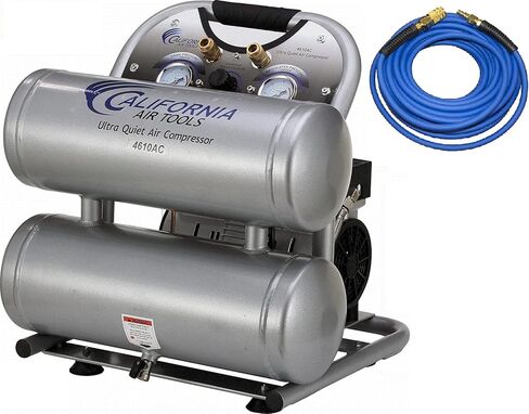 كاليفورنيا اير تولز 4610ACH فائقة الهدوء وخالية من الزيوت 1.0 حصان، 4.6 جالون. ضاغط هواء بخزان مزدوج من الألومنيوم مع خرطوم هواء هجين مقاس 25 بوصة in Kuwait