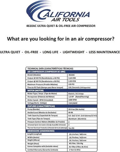 كاليفورنيا اير تولز 4610ACH فائقة الهدوء وخالية من الزيوت 1.0 حصان، 4.6 جالون. ضاغط هواء بخزان مزدوج من الألومنيوم مع خرطوم هواء هجين مقاس 25 بوصة in Kuwait