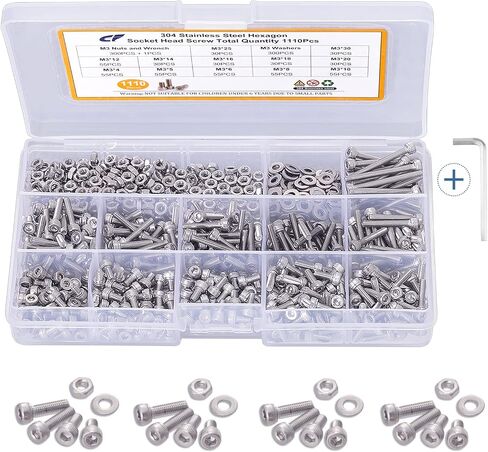 1110PCS M3 x 4/5/6/8/10/12/14/16/18/20/25/30mm Socket Cap Screws, Stainless Steel Socket Hex Head Cap Flat Washers Machine Screws, Screws and Nuts Assortment Kit with Allen Wrench in Saudi Arabia