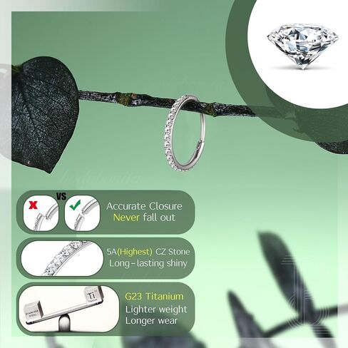 BodyBonita G23 Titanium Nose Rings Hoops - 20G/18G/16G Bigger CZ Septum Rings Nose Hoop Clicker Hypoallergenic Cartilage Earring for Women Helix Rook Tragus Conch Piercing Jewelry Lobe Daith Snug Belly Button Ring with Cubic Zirconia 6mm-12mm Silver/14k G in Saudi Arabia