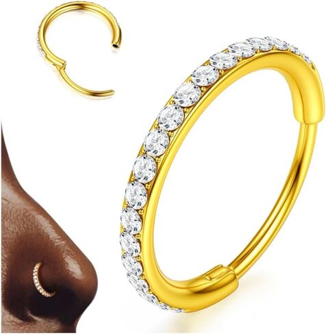 BodyBonita G23 Titanium Nose Rings Hoops - 20G/18G/16G Bigger CZ Septum Rings Nose Hoop Clicker Hypoallergenic Cartilage Earring for Women Helix Rook Tragus Conch Piercing Jewelry Lobe Daith Snug Belly Button Ring with Cubic Zirconia 6mm-12mm Silver/14k G in Kuwait