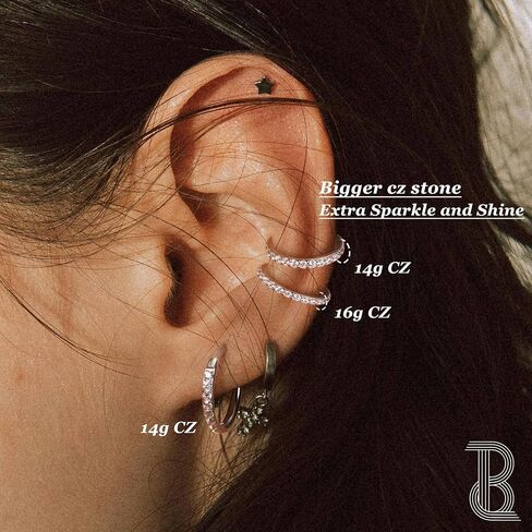 BodyBonita G23 Titanium Nose Rings Hoops - 20G/18G/16G Bigger CZ Septum Rings Nose Hoop Clicker Hypoallergenic Cartilage Earring for Women Helix Rook Tragus Conch Piercing Jewelry Lobe Daith Snug Belly Button Ring with Cubic Zirconia 6mm-12mm Silver/14k G in Saudi Arabia