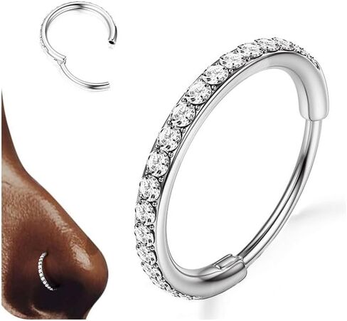 BodyBonita G23 Titanium Nose Rings Hoops - 20G/18G/16G Bigger CZ Septum Rings Nose Hoop Clicker Hypoallergenic Cartilage Earring for Women Helix Rook Tragus Conch Piercing Jewelry Lobe Daith Snug Belly Button Ring with Cubic Zirconia 6mm-12mm Silver/14k G in Saudi Arabia