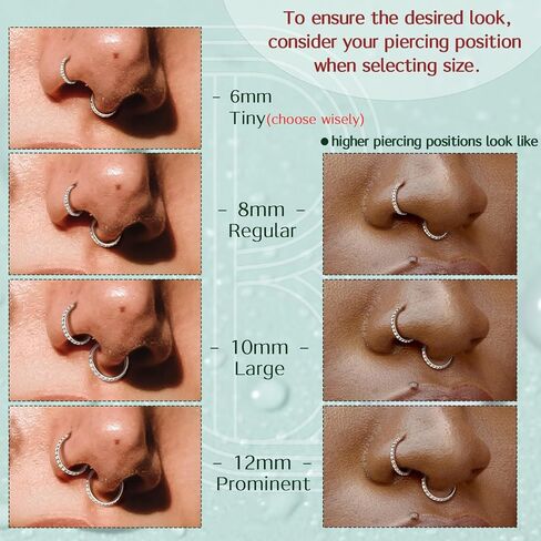 BodyBonita G23 Titanium Nose Rings Hoops - 20G/18G/16G Bigger CZ Septum Rings Nose Hoop Clicker Hypoallergenic Cartilage Earring for Women Helix Rook Tragus Conch Piercing Jewelry Lobe Daith Snug Belly Button Ring with Cubic Zirconia 6mm-12mm Silver/14k G in Saudi Arabia