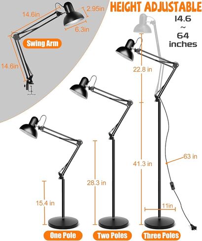 حامل مصباح الزواحف المعدني متعدد المفاصل مع عاكس الضوء، ومقبس المصباح، وذراع التأرجح ومفتاح التشغيل/الإيقاف، يأتي مع ثلاث قواعد قابلة للتبديل للتركيب على الأرض، وحامل حافة المكتب، وحامل الحائط (أقصى ارتفاع 71 بوصة) in Kuwait