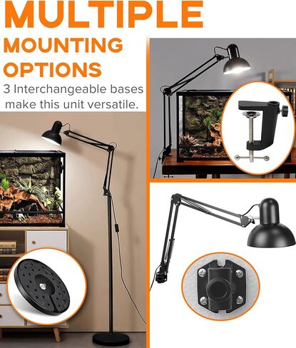 حامل مصباح الزواحف المعدني متعدد المفاصل مع عاكس الضوء، ومقبس المصباح، وذراع التأرجح ومفتاح التشغيل/الإيقاف، يأتي مع ثلاث قواعد قابلة للتبديل للتركيب على الأرض، وحامل حافة المكتب، وحامل الحائط (أقصى ارتفاع 71 بوصة) in Kuwait