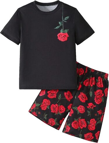 Boy's 2 Piece Outfits Floral Print Short Sleeve Crewneck T Shirt and Shorts Set Summer Outfits in Saudi Arabia