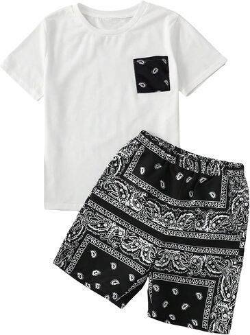 Boy's 2 Piece Outfits Floral Print Short Sleeve Crewneck T Shirt and Shorts Set Summer Outfits in Saudi Arabia