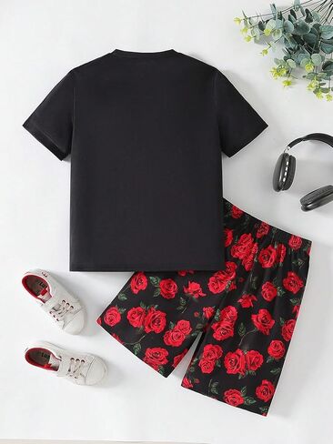 Boy's 2 Piece Outfits Floral Print Short Sleeve Crewneck T Shirt and Shorts Set Summer Outfits in Saudi Arabia