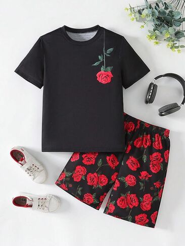 Boy's 2 Piece Outfits Floral Print Short Sleeve Crewneck T Shirt and Shorts Set Summer Outfits in Saudi Arabia