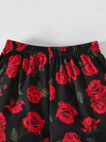 مجموعة ملابس للأولاد مكونة من قطعتين من تي شيرت وشورت بأكمام قصيرة وطبعة زهور وياقة دائرية، ملابس صيفية in Kuwait