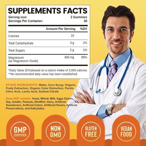 Magnesium Oxide 400mg Gummies for Nerve, Muscle, Bone, and Heart Support, Magnesium Supplement for Women & Men, 60 Vegan Gummies in Saudi Arabia