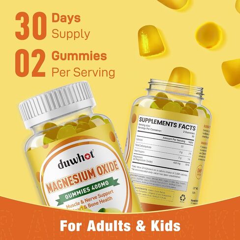 Magnesium Oxide 400mg Gummies for Nerve, Muscle, Bone, and Heart Support, Magnesium Supplement for Women & Men, 60 Vegan Gummies in Saudi Arabia