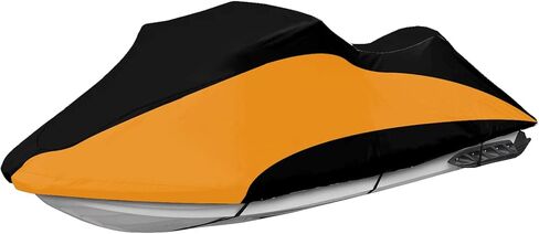 غطاء COVERVIN قابل للمقطورة جت سكي 300D غطاء PWC مقاوم للماء شديد التحمل مع فتحات شرائط عاكسة يناسب Seadoo Yamaha Honda Polaris 3 مقاعد 126 بوصة إلى 135 بوصة L (أسود وبرتقالي) in Kuwait