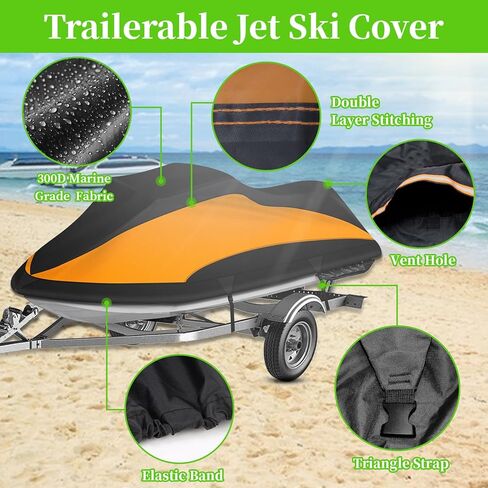 غطاء COVERVIN قابل للمقطورة جت سكي 300D غطاء PWC مقاوم للماء شديد التحمل مع فتحات شرائط عاكسة يناسب Seadoo Yamaha Honda Polaris 3 مقاعد 126 بوصة إلى 135 بوصة L (أسود وبرتقالي) in Kuwait