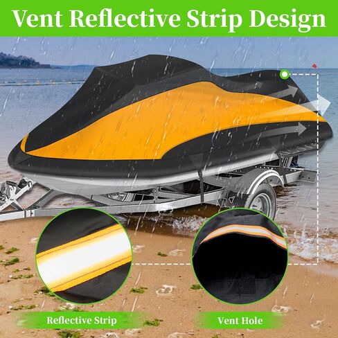 غطاء COVERVIN قابل للمقطورة جت سكي 300D غطاء PWC مقاوم للماء شديد التحمل مع فتحات شرائط عاكسة يناسب Seadoo Yamaha Honda Polaris 3 مقاعد 126 بوصة إلى 135 بوصة L (أسود وبرتقالي) in Kuwait