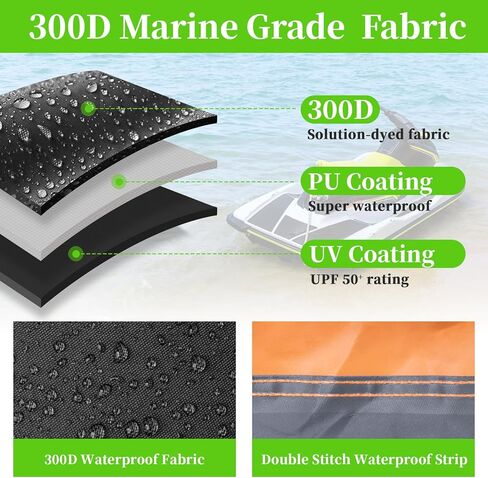 غطاء COVERVIN قابل للمقطورة جت سكي 300D غطاء PWC مقاوم للماء شديد التحمل مع فتحات شرائط عاكسة يناسب Seadoo Yamaha Honda Polaris 3 مقاعد 126 بوصة إلى 135 بوصة L (أسود وبرتقالي) in Kuwait