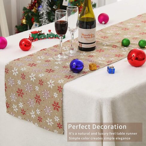 Tosewever Christmas Table Runner for Farmhouse Dining Holiday Birthday Party Table Home Decoration, 14 x 108 Inches Happy Xmas Linen Table Runners (14" x 108", Red/White Snowflake) in Saudi Arabia