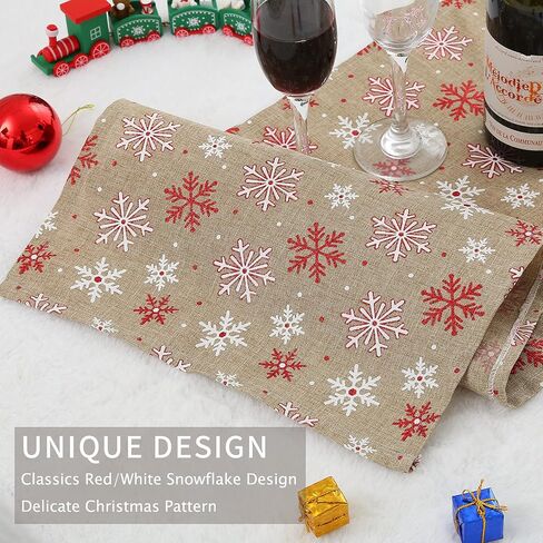 Tosewever Christmas Table Runner for Farmhouse Dining Holiday Birthday Party Table Home Decoration, 14 x 108 Inches Happy Xmas Linen Table Runners (14" x 108", Red/White Snowflake) in Saudi Arabia