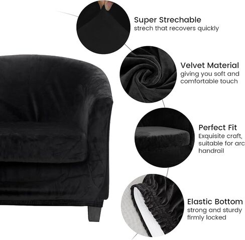 cjc Velvet Club Chair Cover Slipcover,2-Piece Barrel Tub Chair Cover for Living Room Armchair Sofa Covers with Cushion Covers,Washable Furniture Protector for Club Chairs(B Velvet-Black,1PC) in Saudi Arabia
