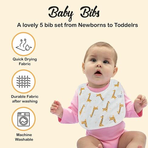 مجموعة من 6 مرايل أطفال من القطن المقاوم للماء من REBE & CO للفتيات والأولاد من أجل تناول الطعام مع أزرار كبس ومرايل التسنين ومرايل التغذية ودش الطفل حديث الولادة (الزرافة) in Kuwait