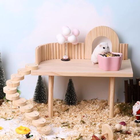 Wooden Hamster Stand Platform and Ladders for Guinea Pig Play Food Bowl Bottle,Small Pet Wooden Desk with Legs for Hamster Ladder Rat Climbing in Saudi Arabia