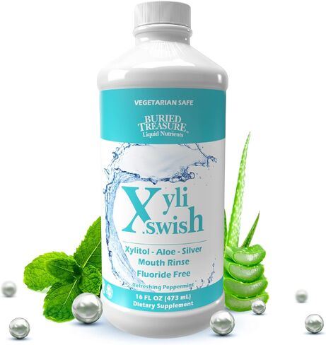 Xyli Swish - غسول الفم الطبيعي بالكامل المصنوع من الفضة النانوية والإكسيليتول والصبار - خالي من الكحول والفلورايد - شطف الفم لمحاربة رائحة الفم الكريهة وجفاف الفم - نكهة النعناع - 16oz. in Kuwait