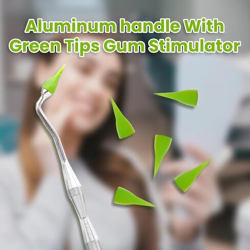 Gum Stimulator with Rubber Tip Refills - Premium Aluminum Designed Gum & Teeth Massager Stimulator - Effectively Remove Plaque & Prevent Gingivitis (4 Soft & 6 Normal Tips Included) - Green in Saudi Arabia