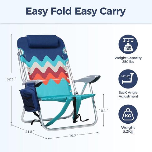 LET'S CAMP Backpack Beach Chair Set of 2, 4-Position Classic Lay Flat Support 250LBS, Storage Pouch and Towel Bar,Pillow and Padded Shoulder Straps, Wave Blue in Saudi Arabia
