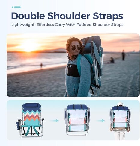 LET'S CAMP Backpack Beach Chair Set of 2, 4-Position Classic Lay Flat Support 250LBS, Storage Pouch and Towel Bar,Pillow and Padded Shoulder Straps, Wave Blue in Saudi Arabia