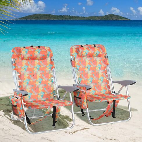 LET'S CAMP Backpack Beach Chair Set of 2, 4-Position Classic Lay Flat Support 250LBS, Storage Pouch and Towel Bar,Pillow and Padded Shoulder Straps, Wave Blue in Saudi Arabia