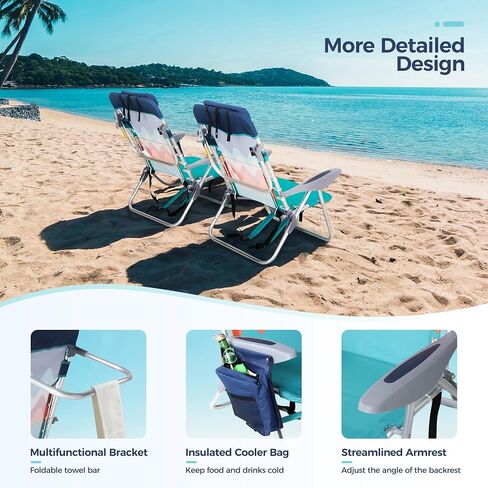 LET'S CAMP Backpack Beach Chair Set of 2, 4-Position Classic Lay Flat Support 250LBS, Storage Pouch and Towel Bar,Pillow and Padded Shoulder Straps, Wave Blue in Saudi Arabia