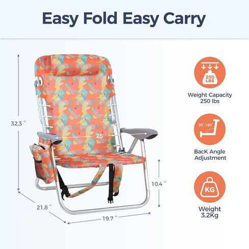 LET'S CAMP Backpack Beach Chair Set of 2, 4-Position Classic Lay Flat Support 250LBS, Storage Pouch and Towel Bar,Pillow and Padded Shoulder Straps, Wave Blue in Saudi Arabia