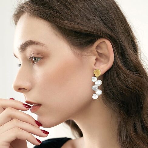 ELEXIS Long Baroque Pearl Earrings For Women Dangle Gold Dainty Statement Tassel Real Pearl Drop Jewelry For Wedding Bridesmaid Hanging (stud 1) in Saudi Arabia