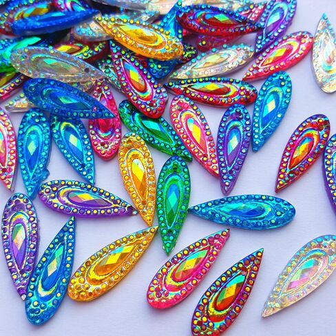 100 AB Clear Faceted Drop Shape Sew on Rhinestones Crystal Gems Flatback Sewing Stones Dress Accessory 2 Holes (AB) in Saudi Arabia