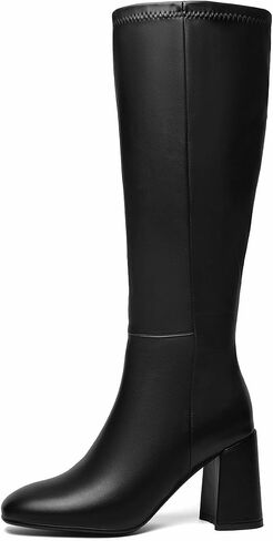Women's Knee High Boots Faux Leather Square To Tall Boots Fashion Chunky Block Heel Long Boots with Side Zip in Saudi Arabia