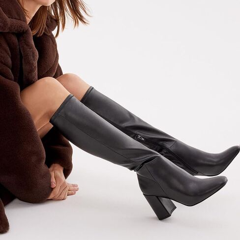 Women's Knee High Boots Faux Leather Square To Tall Boots Fashion Chunky Block Heel Long Boots with Side Zip in Saudi Arabia