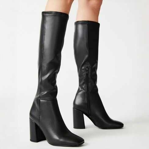 Women's Knee High Boots Faux Leather Square To Tall Boots Fashion Chunky Block Heel Long Boots with Side Zip in Saudi Arabia