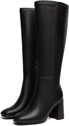 Women's Knee High Boots Faux Leather Square To Tall Boots Fashion Chunky Block Heel Long Boots with Side Zip in Saudi Arabia